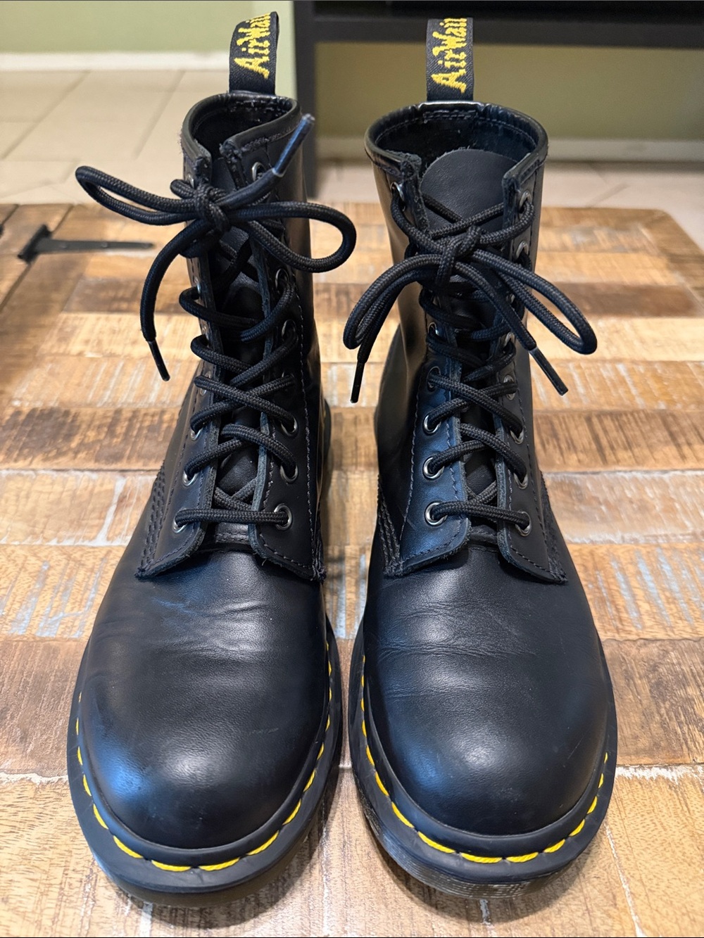 Dr. Martens 1460 Black Leather Lace-Up Boots with Yellow Stitching